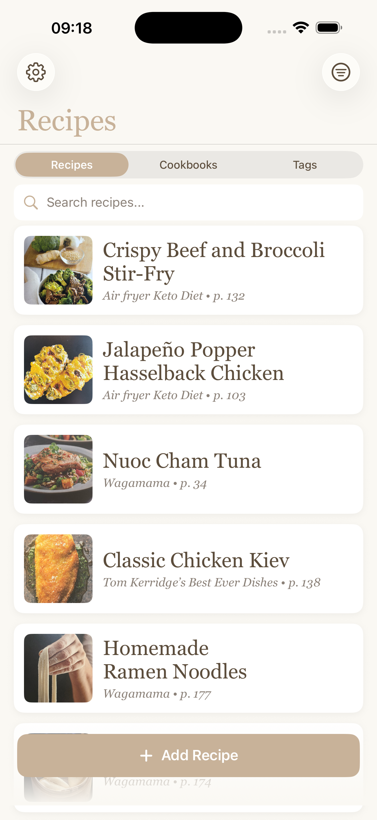 Recipe library showing Jalapeño Popper Eggs, Green Chilli Vinaigrette, and more